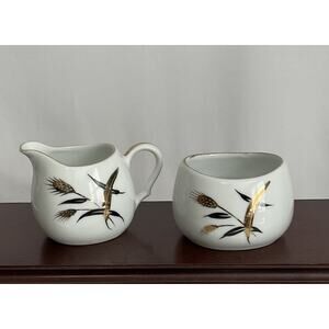 Vintage Small 2”-2.5” Tall Creamer And Sugar With Gold Trim/ Wheat Theme
